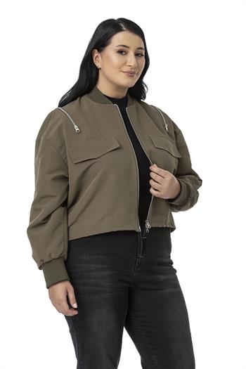 Büyük Beden Yakası ve Kol Ağzı Ribanalı Fermuar Detaylı Haki Bomber Ceket
