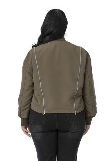 Büyük Beden Yakası ve Kol Ağzı Ribanalı Fermuar Detaylı Haki Bomber Ceket