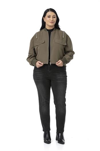 Büyük Beden Yakası ve Kol Ağzı Ribanalı Fermuar Detaylı Haki Bomber Ceket