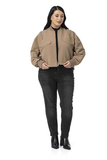 Büyük Beden Yakası ve Kol Ağzı Ribanalı Fermuar Detaylı Vizon Bomber Ceket