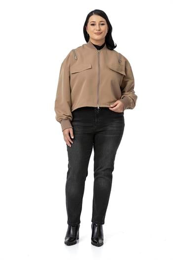 Büyük Beden Yakası ve Kol Ağzı Ribanalı Fermuar Detaylı Vizon Bomber Ceket