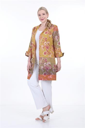 Gömlek Yaka Kendinden Çiçek ve Çizgi Desenli Manşeti Geriye Kıvrık Düğmesiz Sarı Gömlek Ceket