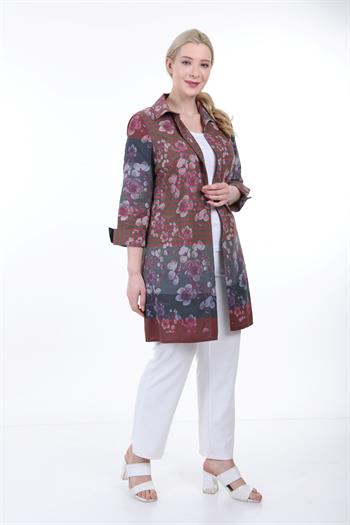 Gömlek Yaka Kendinden Çiçek ve Çizgi Desenli Manşeti Geriye Kıvrık Düğmesiz Yeşil Gömlek Ceket