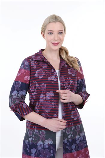 Gömlek Yaka Kendinden Çiçek ve Çizgi Desenli Manşeti Geriye Kıvrık Düğmesiz Bordo Gömlek Ceket