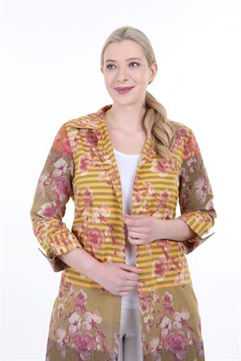Gömlek Yaka Kendinden Çiçek ve Çizgi Desenli Manşeti Geriye Kıvrık Düğmesiz Sarı Gömlek Ceket