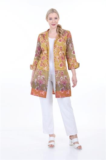 Gömlek Yaka Kendinden Çiçek ve Çizgi Desenli Manşeti Geriye Kıvrık Düğmesiz Sarı Gömlek Ceket
