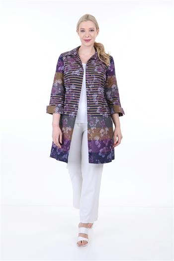 Gömlek Yaka Kendinden Çiçek ve Çizgi Desenli Manşeti Geriye Kıvrık Düğmesiz Mor Gömlek Ceket