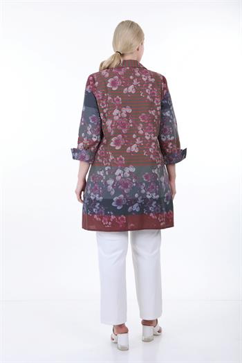 Gömlek Yaka Kendinden Çiçek ve Çizgi Desenli Manşeti Geriye Kıvrık Düğmesiz Yeşil Gömlek Ceket