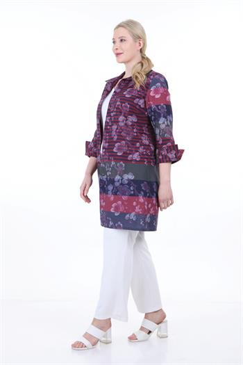 Gömlek Yaka Kendinden Çiçek ve Çizgi Desenli Manşeti Geriye Kıvrık Düğmesiz Bordo Gömlek Ceket