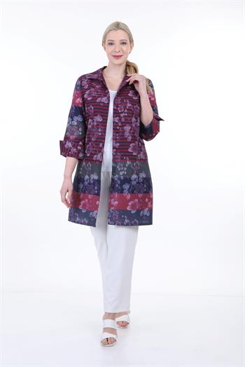 Gömlek Yaka Kendinden Çiçek ve Çizgi Desenli Manşeti Geriye Kıvrık Düğmesiz Bordo Gömlek Ceket