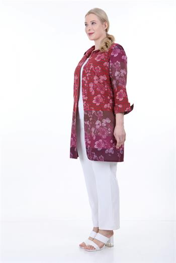 Gömlek Yaka Kendinden Çiçek ve Çizgi Desenli Manşeti Geriye Kıvrık Düğmesiz Kırmızı Gömlek Ceket