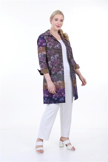 Gömlek Yaka Kendinden Çiçek ve Çizgi Desenli Manşeti Geriye Kıvrık Düğmesiz Mor Gömlek Ceket