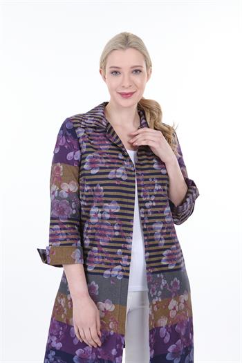 Gömlek Yaka Kendinden Çiçek ve Çizgi Desenli Manşeti Geriye Kıvrık Düğmesiz Mor Gömlek Ceket