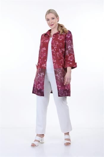 Gömlek Yaka Kendinden Çiçek ve Çizgi Desenli Manşeti Geriye Kıvrık Düğmesiz Kırmızı Gömlek Ceket