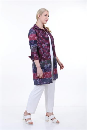 Gömlek Yaka Kendinden Çiçek ve Çizgi Desenli Manşeti Geriye Kıvrık Düğmesiz Bordo Gömlek Ceket