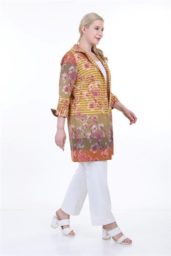 Gömlek Yaka Kendinden Çiçek ve Çizgi Desenli Manşeti Geriye Kıvrık Düğmesiz Sarı Gömlek Ceket