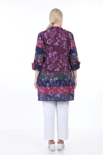 Gömlek Yaka Kendinden Çiçek ve Çizgi Desenli Manşeti Geriye Kıvrık Düğmesiz Bordo Gömlek Ceket