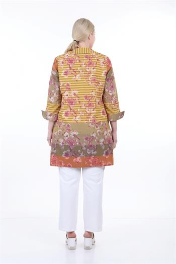 Gömlek Yaka Kendinden Çiçek ve Çizgi Desenli Manşeti Geriye Kıvrık Düğmesiz Sarı Gömlek Ceket