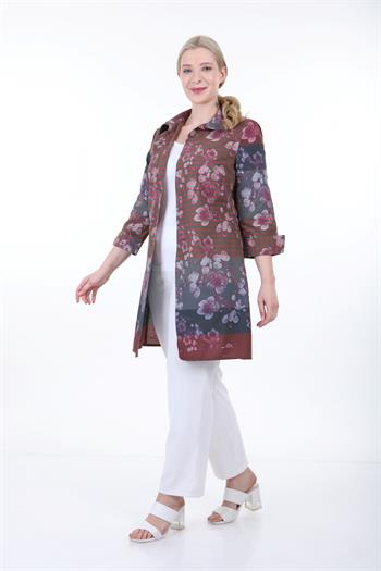 Gömlek Yaka Kendinden Çiçek ve Çizgi Desenli Manşeti Geriye Kıvrık Düğmesiz Yeşil Gömlek Ceket