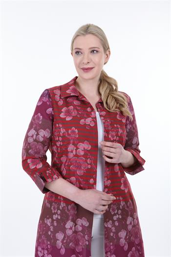 Gömlek Yaka Kendinden Çiçek ve Çizgi Desenli Manşeti Geriye Kıvrık Düğmesiz Kırmızı Gömlek Ceket