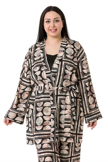 Büyük Beden Karışık Desenli Kuşaklı Ceket ve Pantolon Siyah Bej İkili Takım 