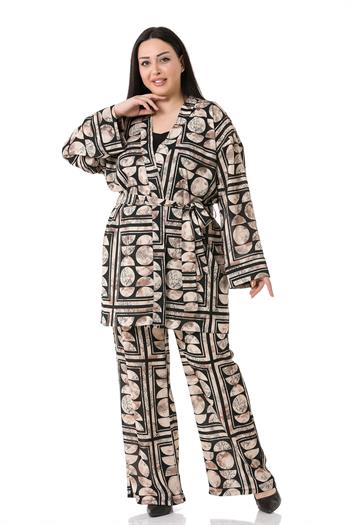 Büyük Beden Karışık Desenli Kuşaklı Ceket ve Pantolon Siyah Bej İkili Takım 