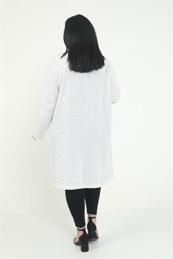 Yuvarlak Yaka Astarsız Cepli Beyaz Gri Kırçıllı Ceket