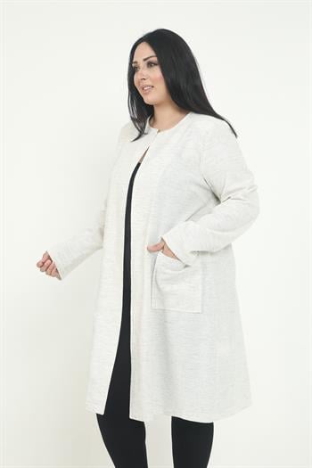 Yuvarlak Yaka Astarsız Cepli Ekru Gri Kırçıllı Ceket