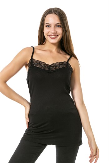Yakası Dantelli Askıları Ayarlanabilir Siyah Kadın Body