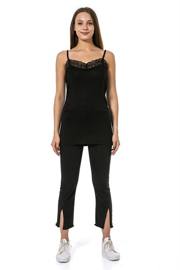 Yakası Dantelli Askıları Ayarlanabilir Siyah Kadın Body