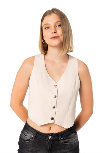 Buttoned V-Neck Lined Short Beige Vest