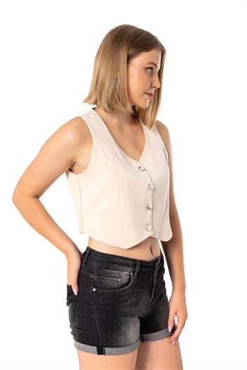 Buttoned V-Neck Lined Short Beige Vest