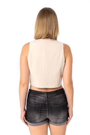 Buttoned V-Neck Lined Short Beige Vest