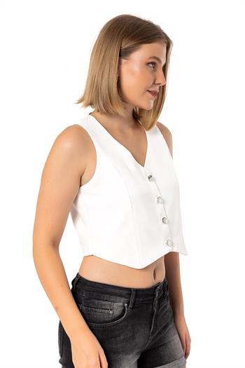 Buttoned V-Neck Lined Short White Vest