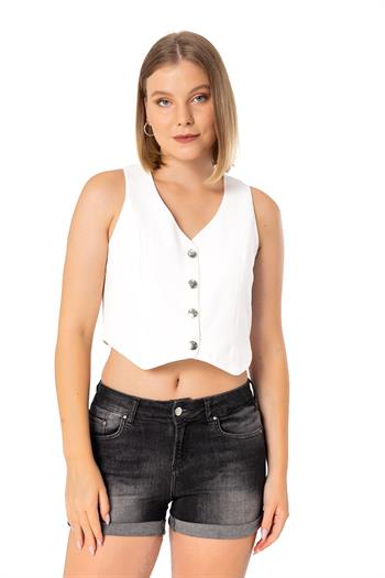 Buttoned V-Neck Lined Short White Vest
