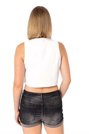 Buttoned V-Neck Lined Short White Vest