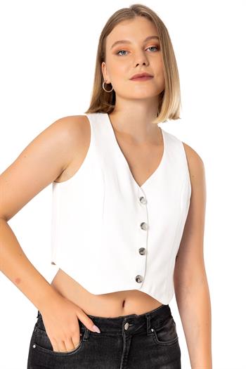 Buttoned V-Neck Lined Short White Vest