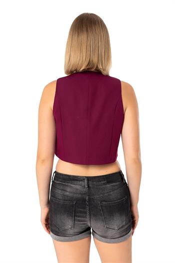 Buttoned V-Neck Lined Short Burgundy Vest