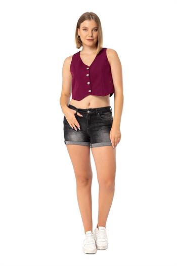 Buttoned V-Neck Lined Short Burgundy Vest