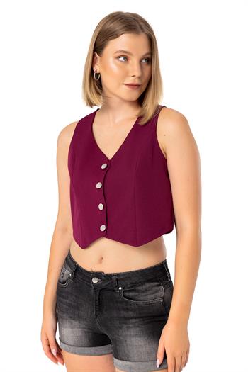 Buttoned V-Neck Lined Short Burgundy Vest