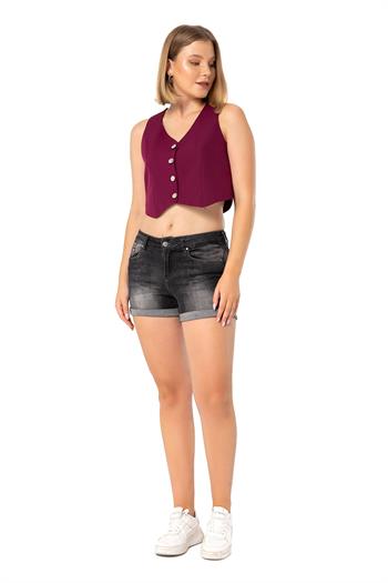 Buttoned V-Neck Lined Short Burgundy Vest