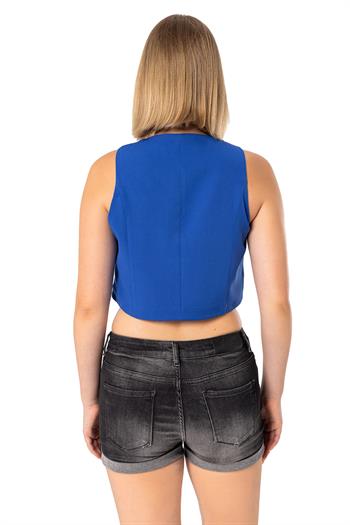 Buttoned V-Neck Lined Short İndigo Vest