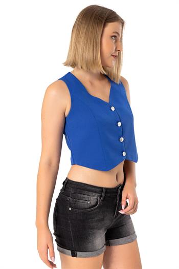 Buttoned V-Neck Lined Short İndigo Vest
