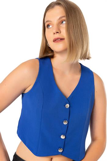 Buttoned V-Neck Lined Short İndigo Vest