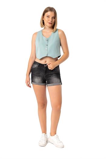 Buttoned V-Neck Lined Short Mint Vest