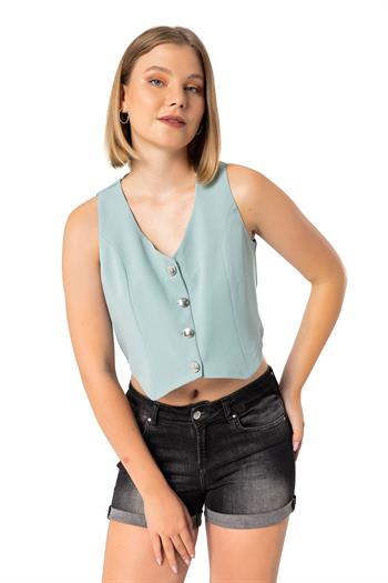 Buttoned V-Neck Lined Short Mint Vest