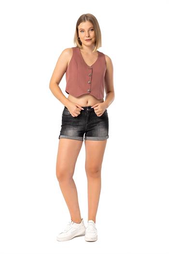 Buttoned V-Neck Lined Short Light Pink Vest