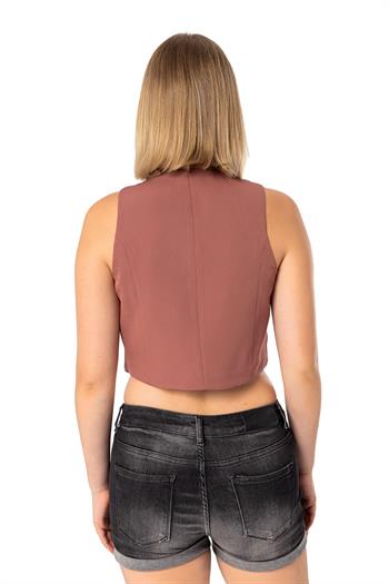 Buttoned V-Neck Lined Short Light Pink Vest