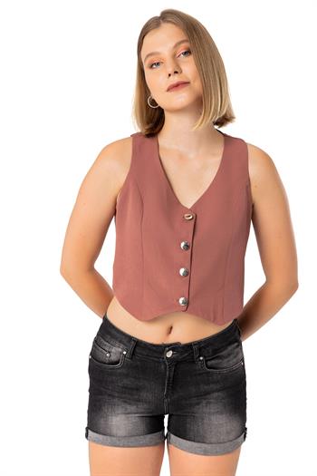 Buttoned V-Neck Lined Short Light Pink Vest