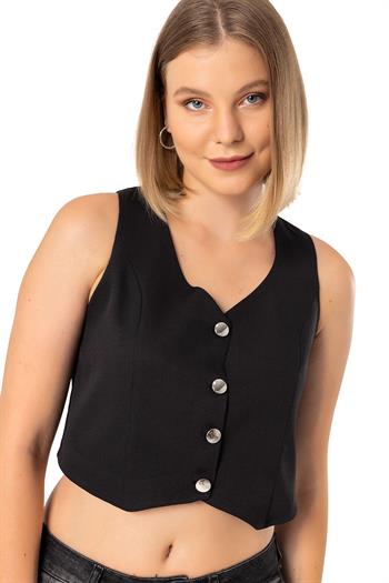 Buttoned V-Neck Lined Short Black Vest